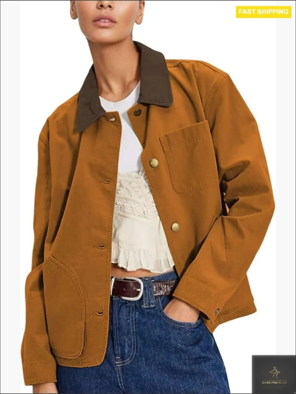Oversized Barn Jacket Contrast Collar Button Down Casual Coat With Pockets